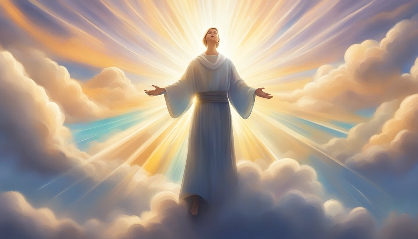 A figure surrounded by light, reaching towards the sky with a sense of growth and transformation