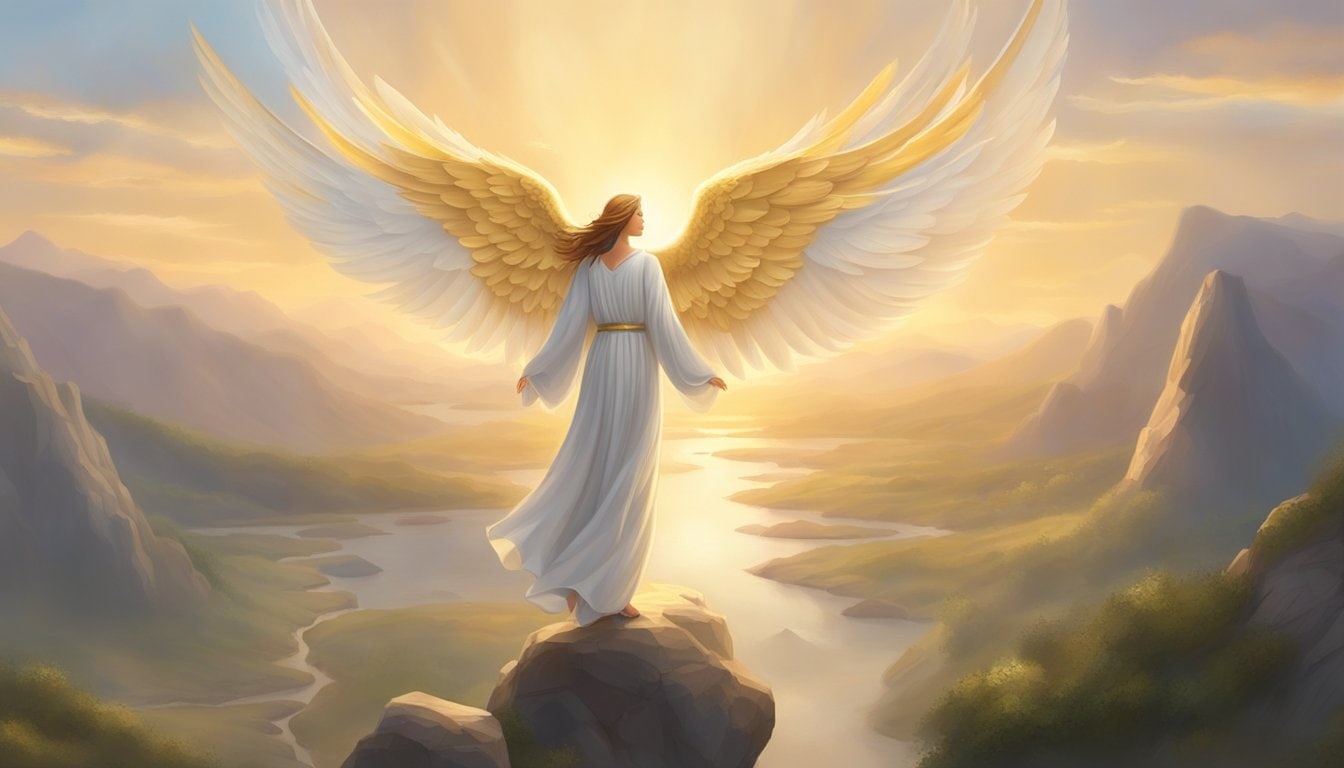 A serene angelic figure hovers above a peaceful landscape, surrounded by soft golden light and gentle, fluttering wings