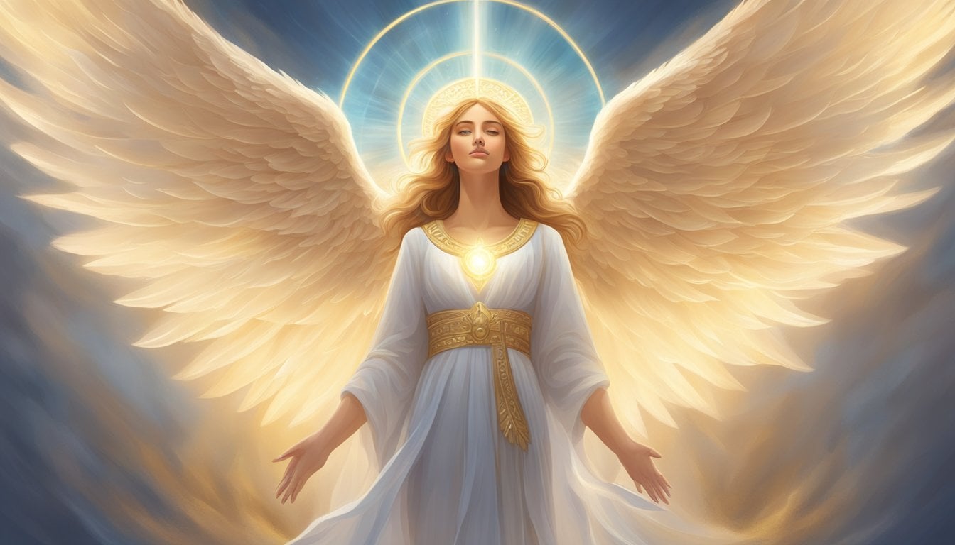 A glowing angelic figure hovers above the number 155, surrounded by radiant light and a sense of serenity