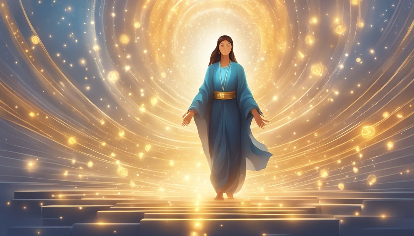 A serene figure surrounded by glowing light, with numbers 1101 floating in the air, symbolizing spirituality and intuition