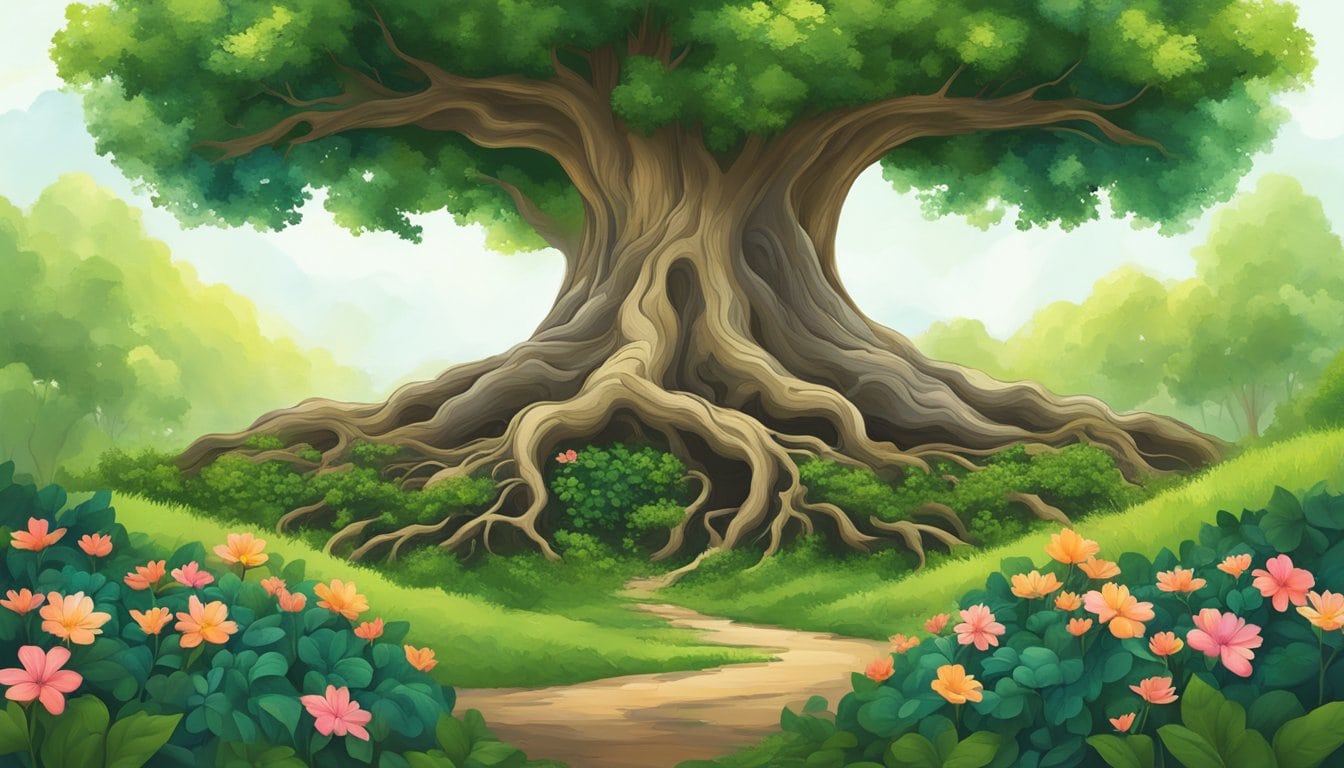 A flourishing tree with roots reaching deep into the ground, surrounded by vibrant flowers and lush greenery