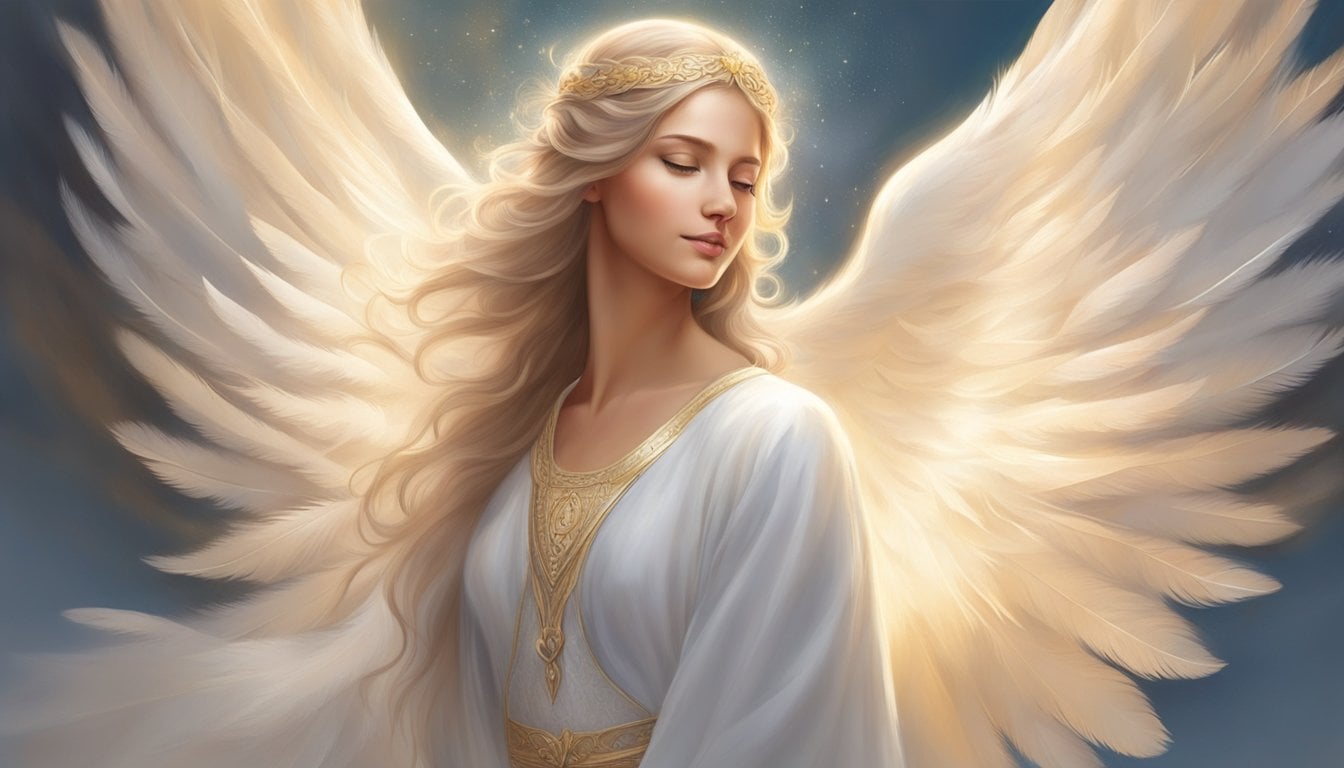 A serene angelic figure, surrounded by soft light and delicate feathers, radiates a sense of peace and tranquility