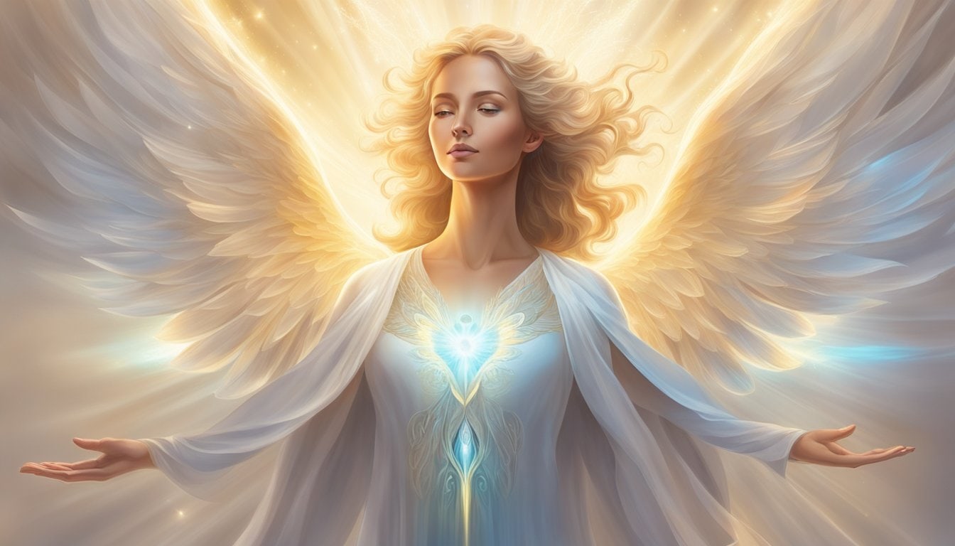 A glowing angelic figure surrounded by light, radiating confidence and inner growth