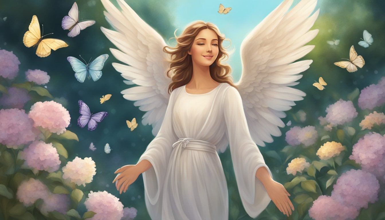A serene angel standing in a garden, surrounded by blooming flowers and fluttering butterflies, with a gentle smile on her face