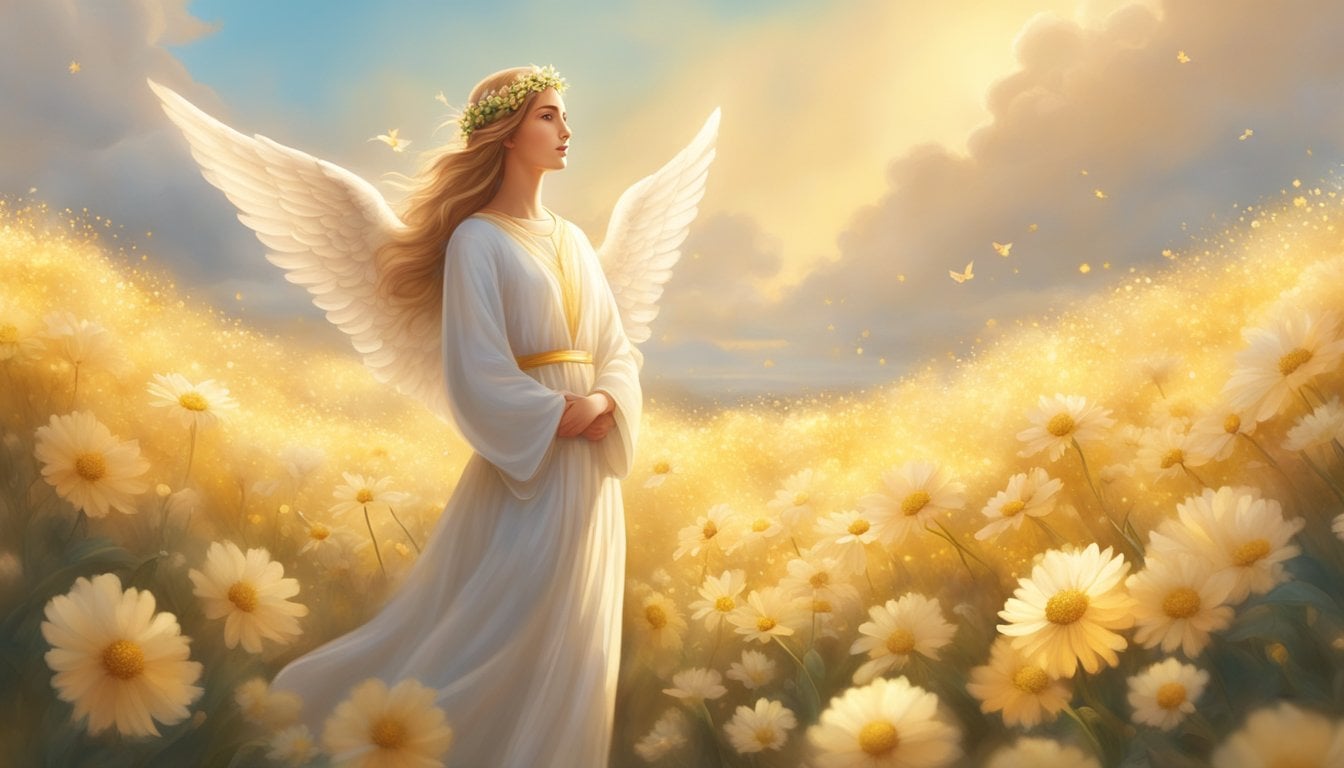 A serene angelic figure stands in a field of flowers, surrounded by a soft golden light, emanating a sense of peace and tranquility