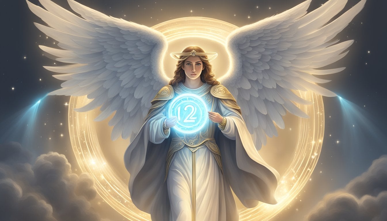 A glowing angelic figure surrounded by a halo of light, holding a scroll with the number 1221 written on it