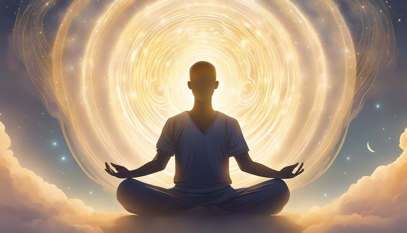 A serene figure surrounded by light, meditating or reaching towards the sky, with a sense of inner peace and growth