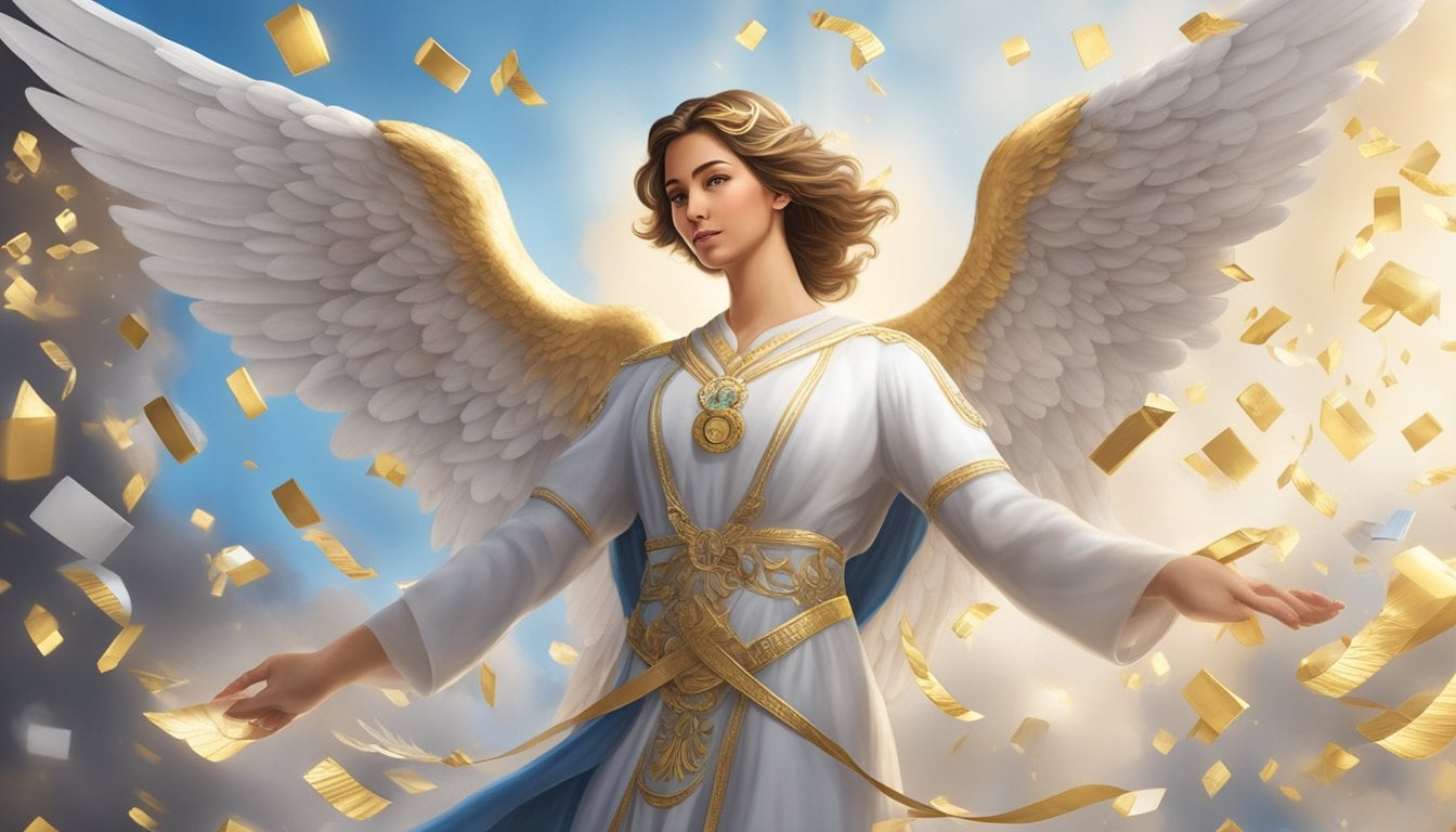 A professional angel with the number 1551, radiating success and growth, surrounded by symbols of achievement and progress