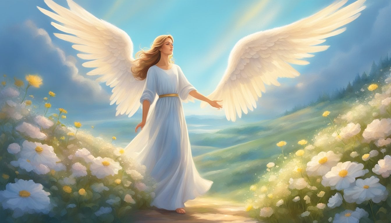 A serene angel stands on a hill, surrounded by blooming flowers and a calm, blue sky. Rays of sunlight illuminate the scene, creating a sense of peace and hope