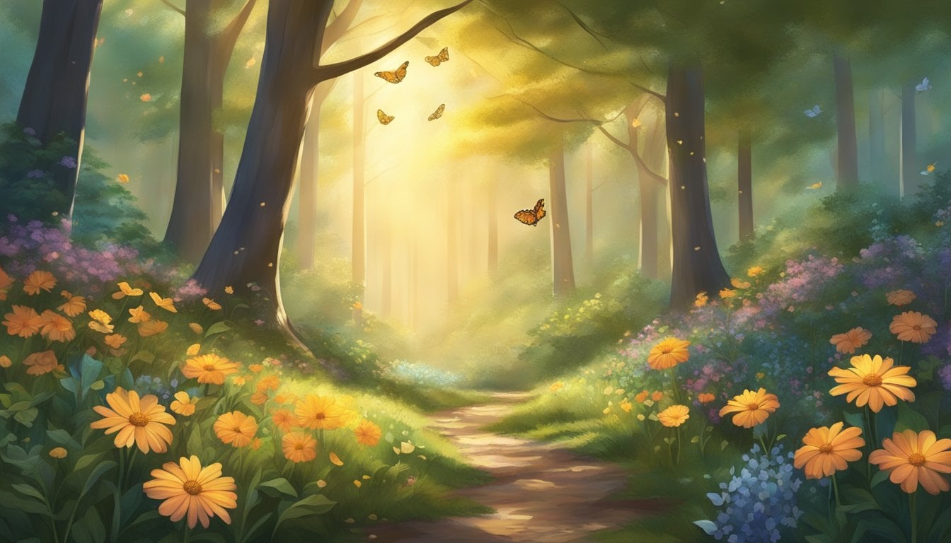 A serene forest clearing, bathed in golden sunlight, with vibrant flowers blooming and butterflies fluttering around. A feeling of calm and transformation permeates the scene