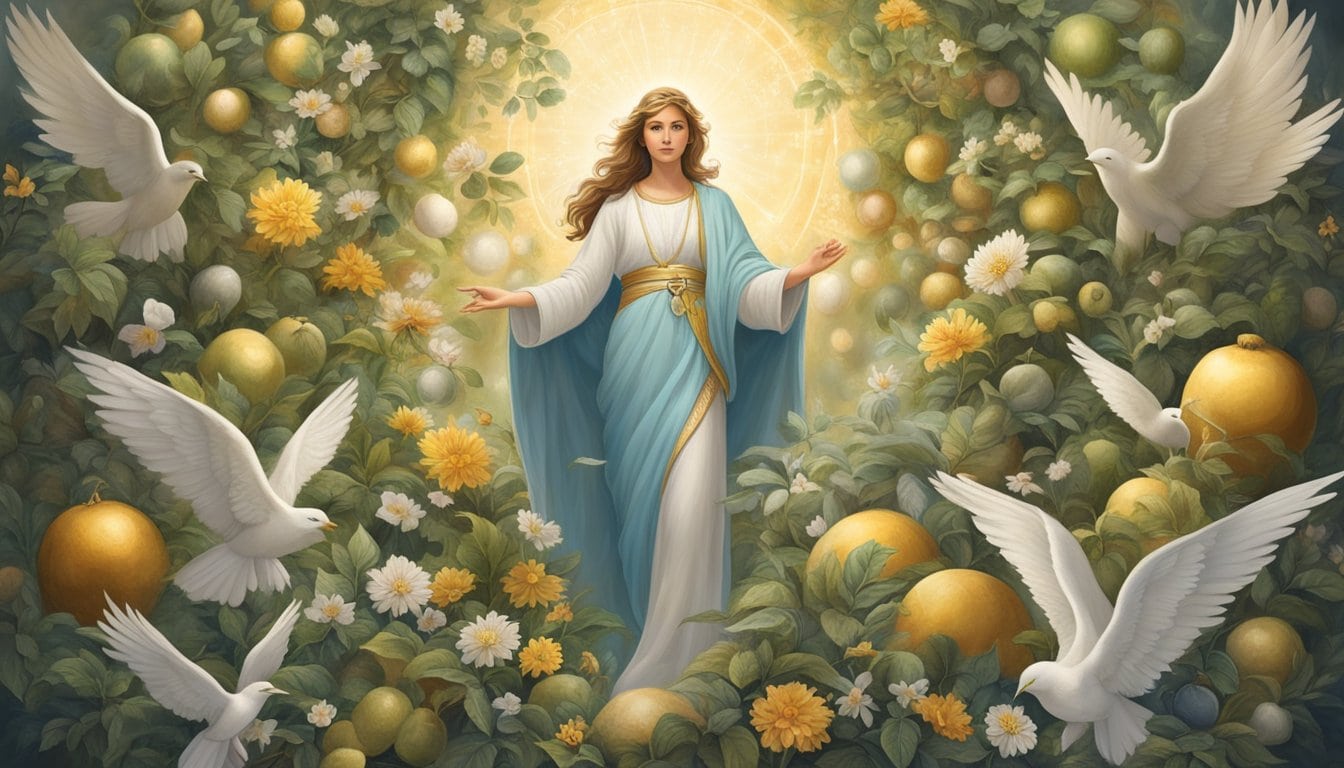 A serene angelic figure stands amidst abundance and progress, surrounded by symbols of growth and prosperity