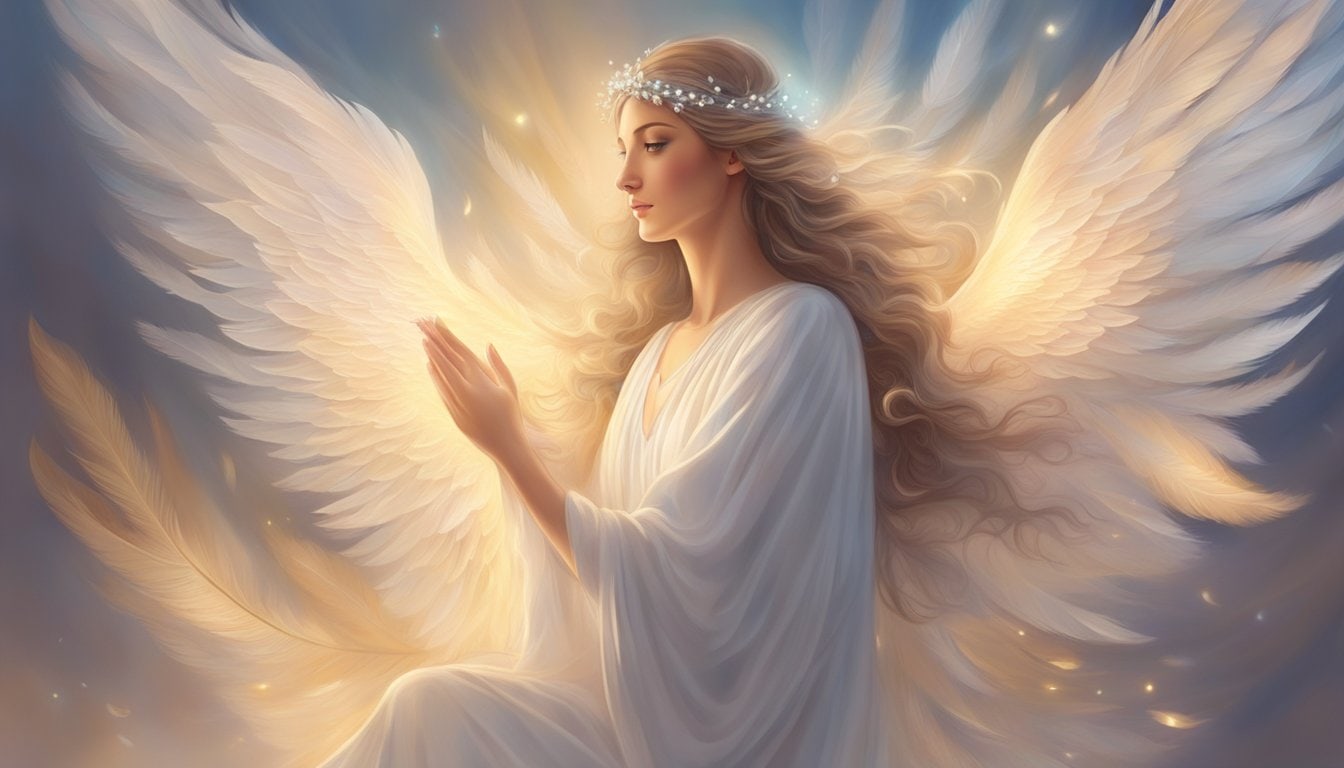 A glowing angelic figure, surrounded by ethereal light and delicate feathers, emanates a sense of divine peace and tranquility