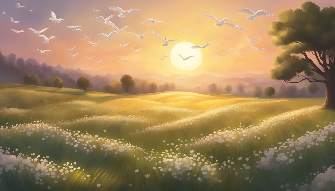 A serene meadow at sunset, with a flock of angels descending from the sky, symbolizing the end and the beginning