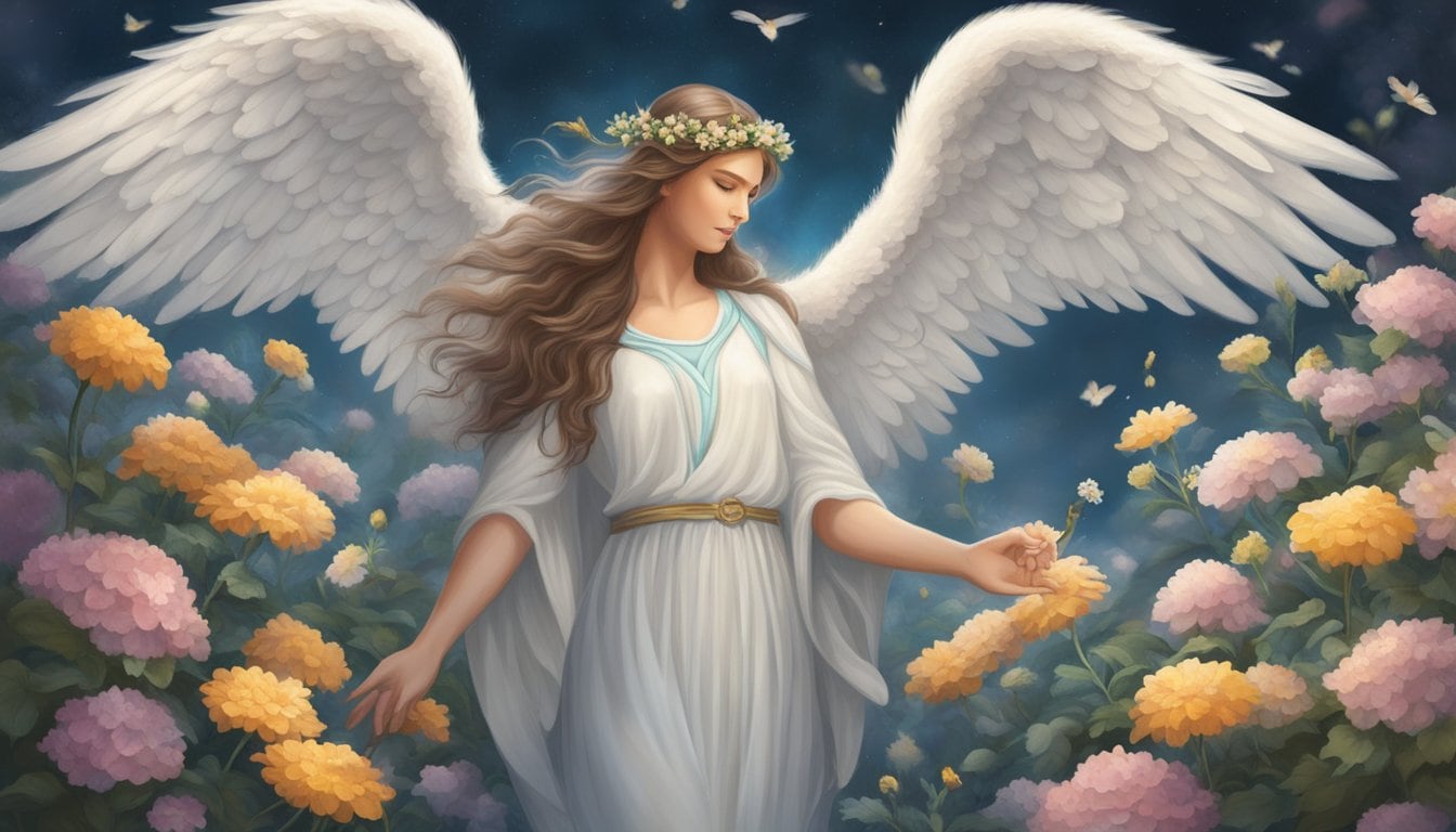 A serene angel stands among blooming flowers, symbolizing growth and overcoming challenges