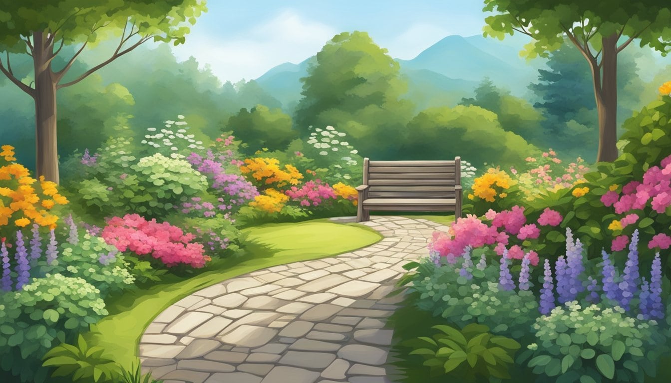 A serene garden with a stone pathway leading to a rustic wooden bench, surrounded by vibrant flowers and lush greenery. A sense of peace and tranquility fills the air