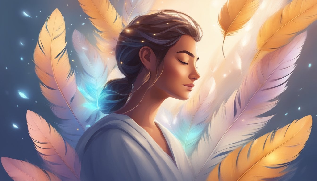 A serene figure surrounded by floating feathers and glowing light, symbolizing personal growth and guidance
