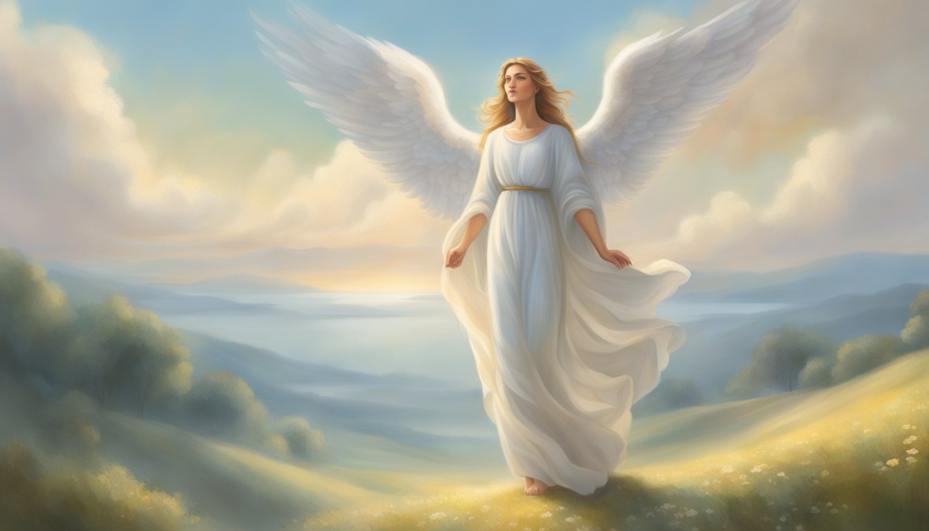A serene angelic figure hovers above a tranquil landscape, bathed in soft, ethereal light. The scene exudes a sense of peace and divine presence