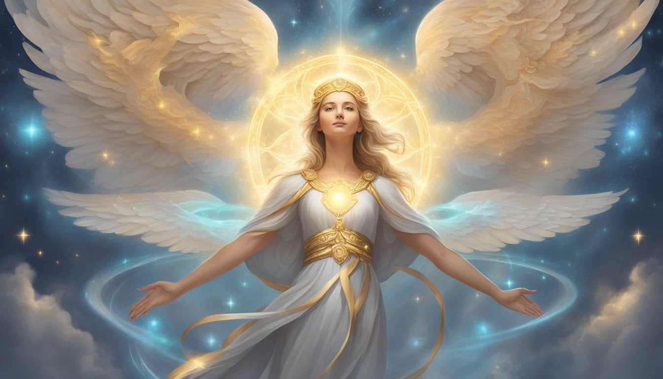 A glowing angelic figure hovers above a pair of intertwined 2s and 4s, surrounded by celestial symbols and ethereal light