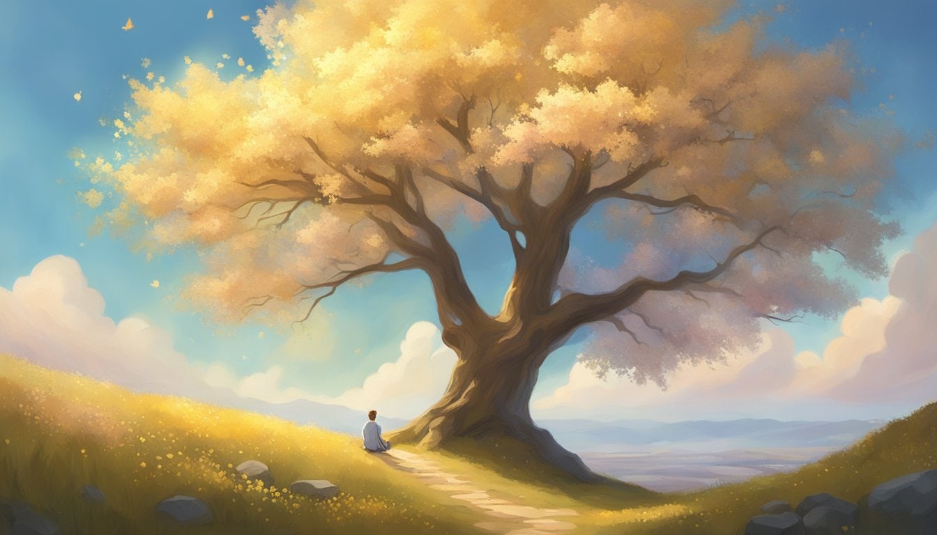 A serene landscape with a tree in bloom, bathed in golden light, as a figure looks up to the sky with hope and determination