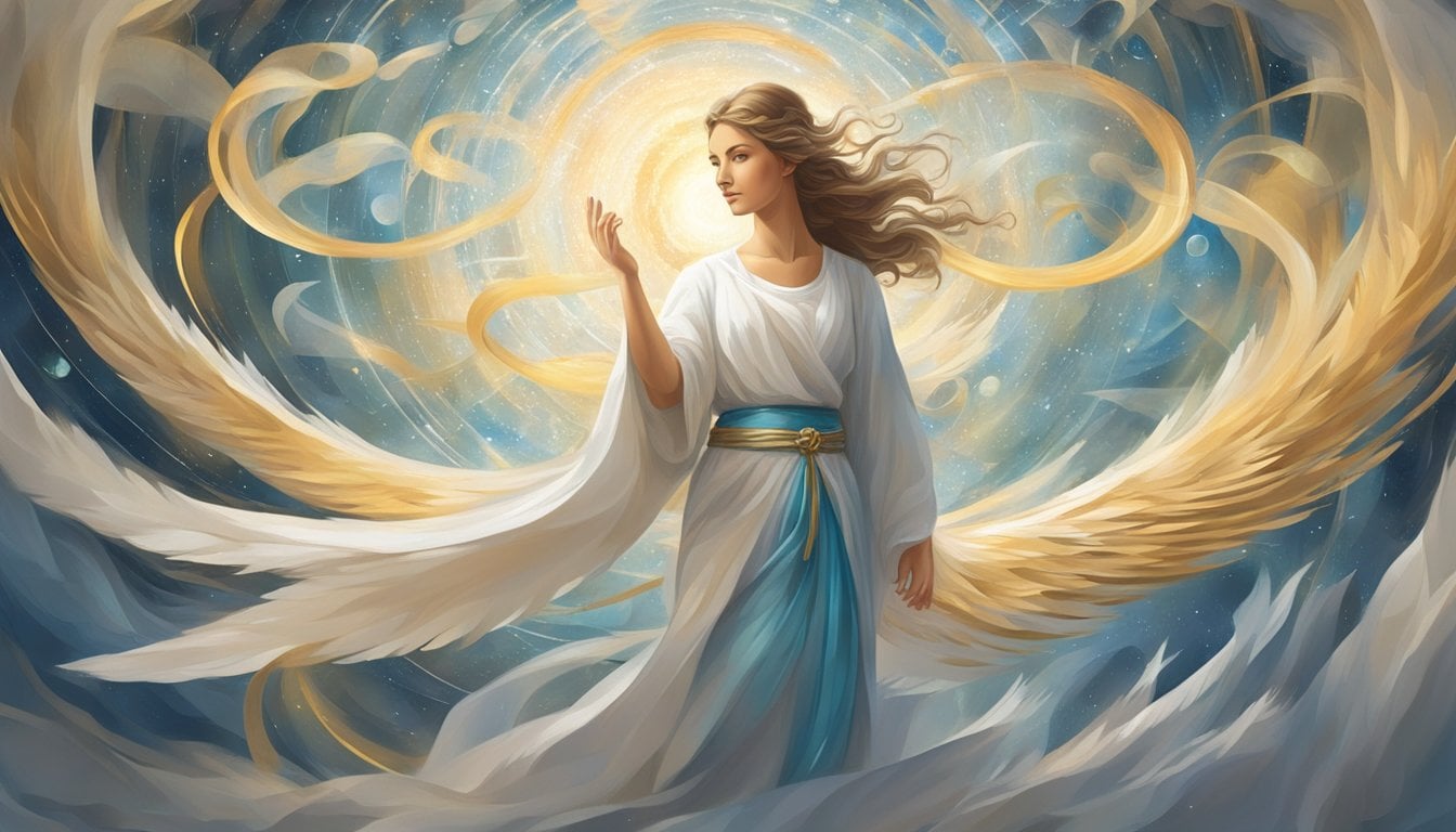 A serene angelic figure surrounded by swirling numbers, symbolizing both hindrance and opportunity