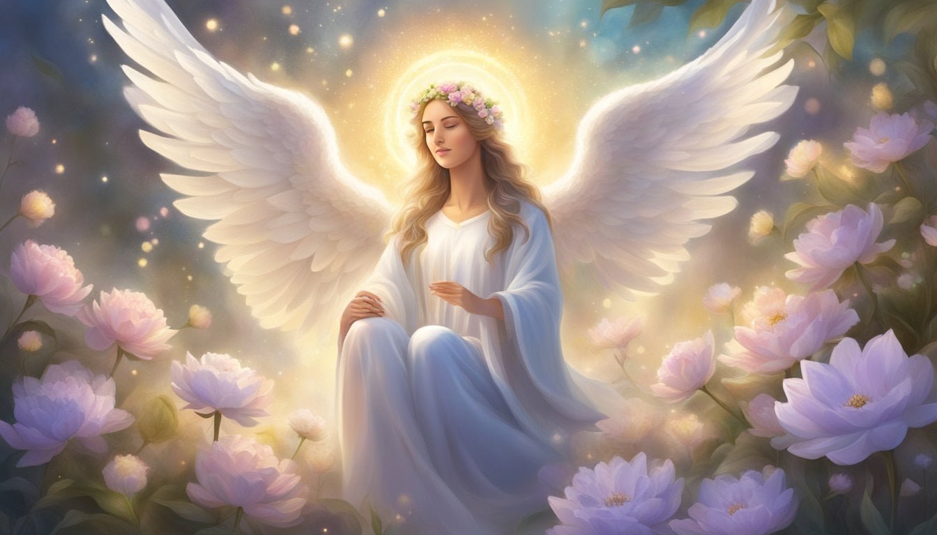 A serene angelic figure surrounded by blooming flowers and a glowing aura, symbolizing transformation and growth