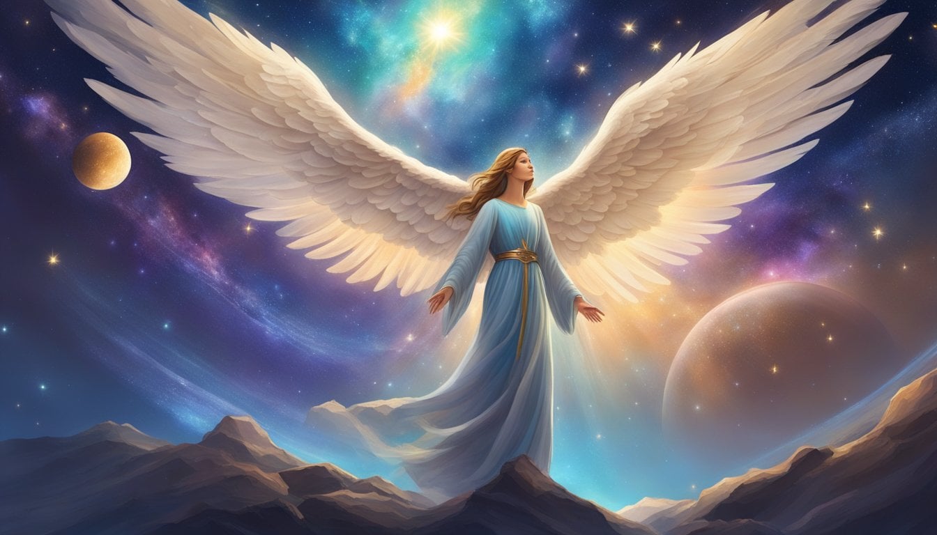 A serene angel with outstretched wings stands in a cosmic landscape, surrounded by stars and planets, emanating a sense of trust and faith in the universe