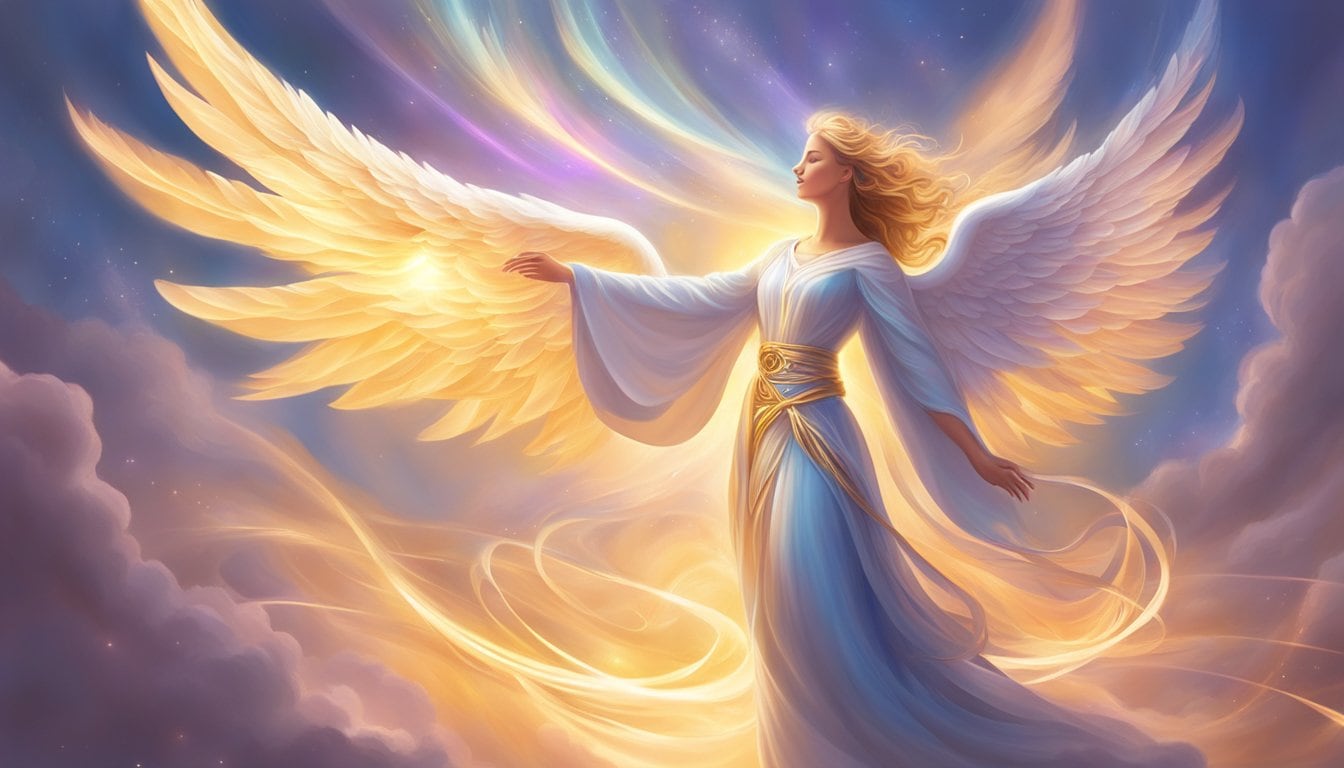 A glowing angelic figure radiates love and connection, surrounded by swirling energy and light