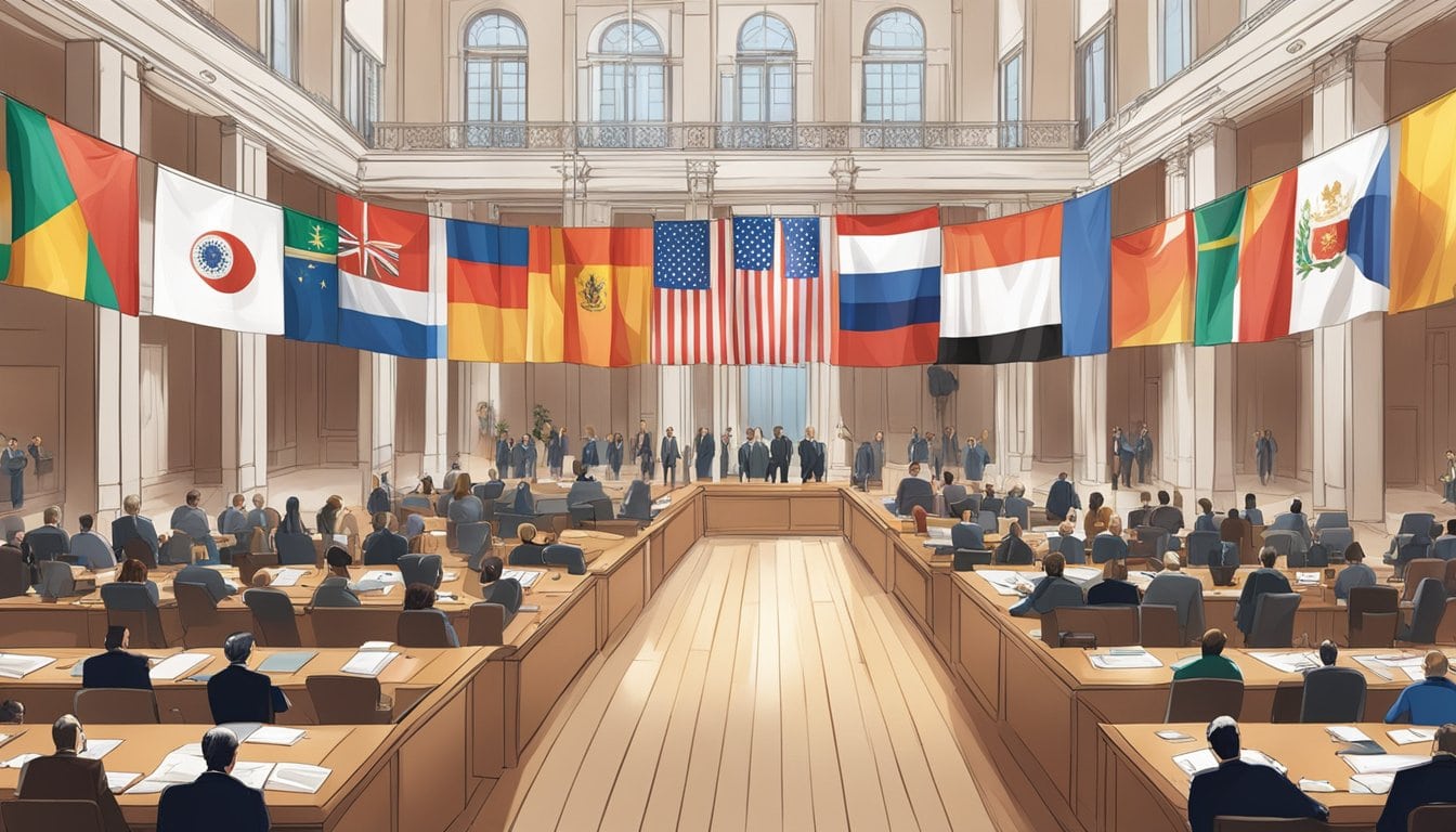 A grand hall with flags of various nations, people engaged in diplomatic discussions, and a central communication hub with interconnected devices