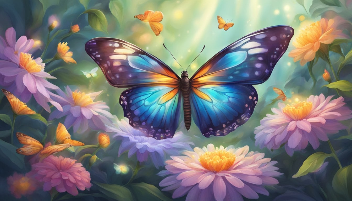 A glowing butterfly emerges from a cocoon, surrounded by vibrant flowers and swirling energy