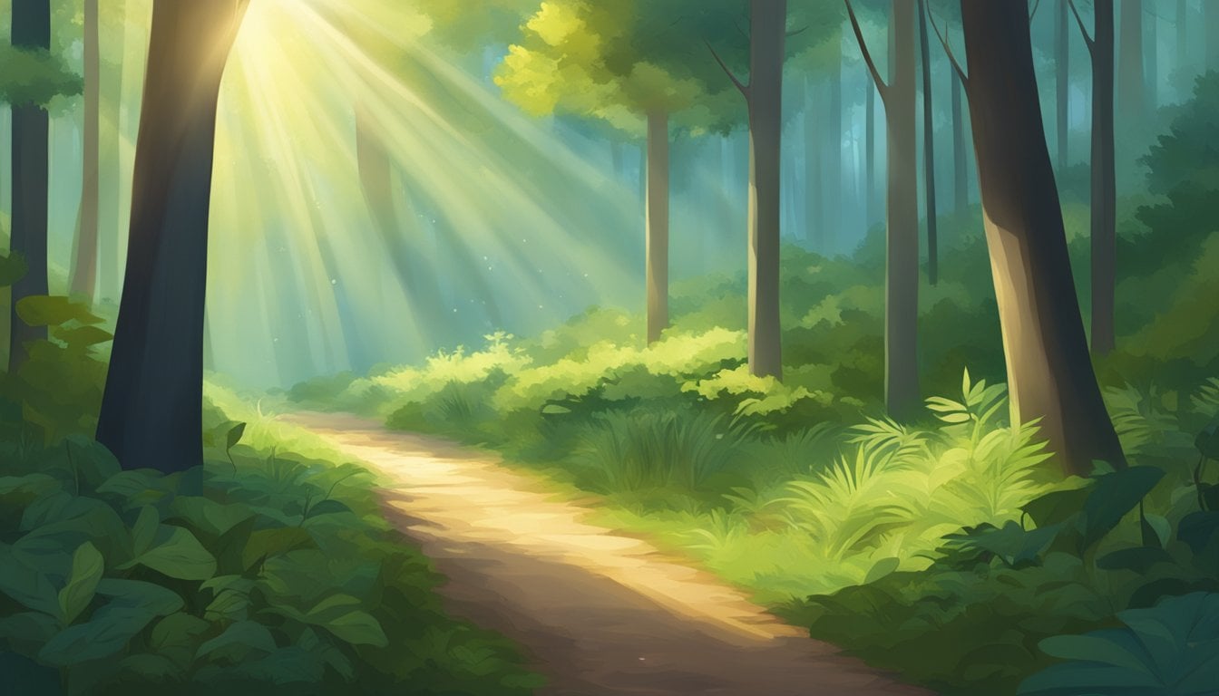 A serene path through a lush forest, with a beam of light shining down from the sky onto a specific spot on the ground