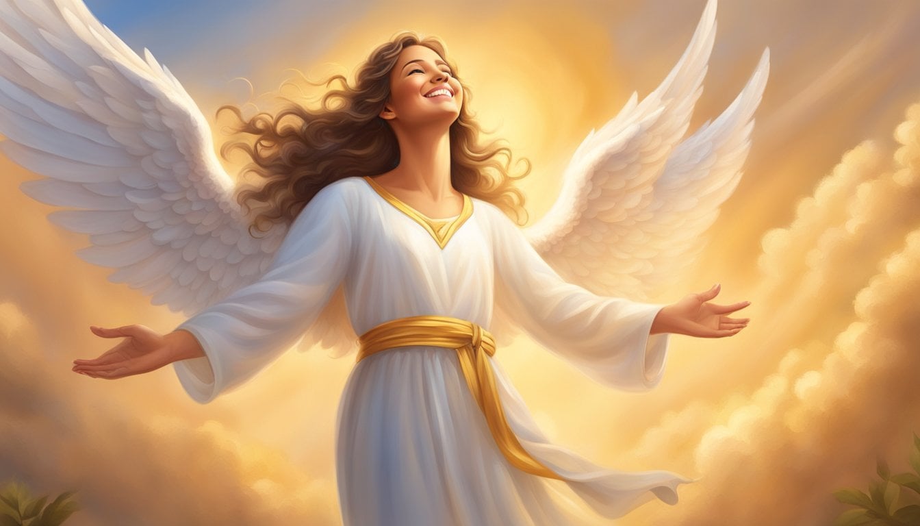 A joyful angel with a serene expression surrounded by a warm, golden light, radiating peace and happiness
