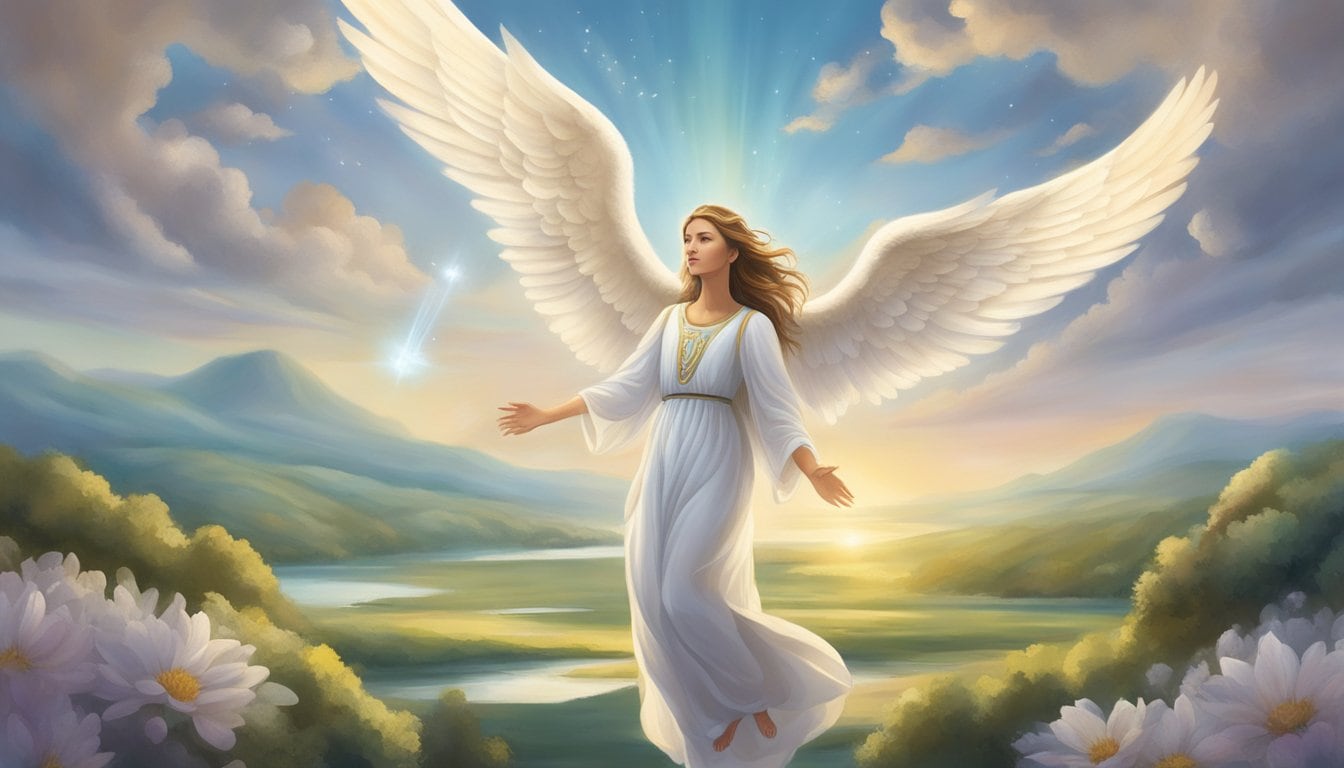 A serene angelic figure hovers above a tranquil landscape, surrounded by symbols of hope and possibility