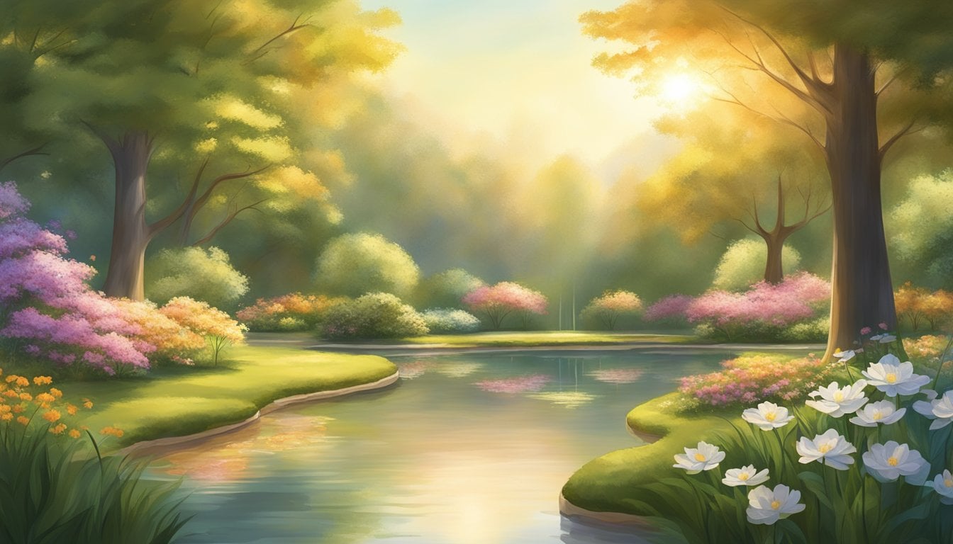 A serene garden with blooming flowers and a peaceful pond, surrounded by tall trees and bathed in soft, golden sunlight