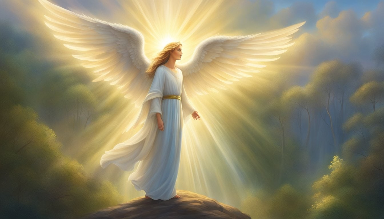 A glowing angelic figure hovers above a tranquil forest, radiating a sense of transformation and positive change. Rays of light emanate from the angel, casting a warm and comforting glow over the landscape