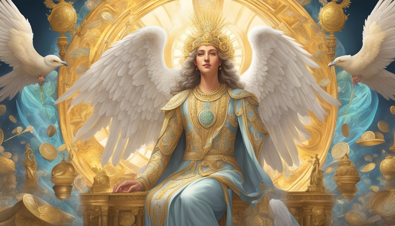 A lavish angelic figure surrounded by opulence and financial symbols, radiating abundance and prosperity