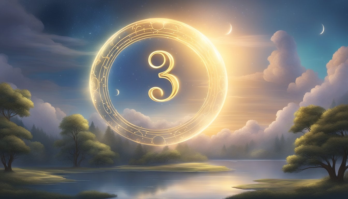 A glowing number 333 hovers in a serene, celestial setting, radiating a sense of divine guidance and protection