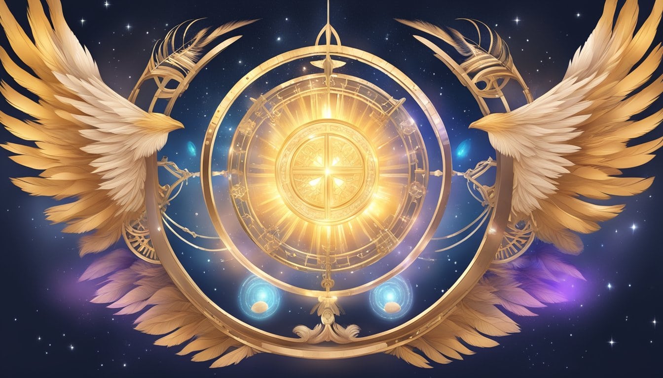 A glowing halo of light surrounds the number 333, with celestial symbols and feathers floating around it