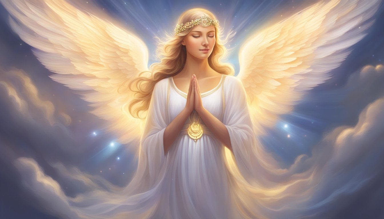 A serene angelic figure surrounded by glowing light, radiating a sense of inner guidance and intuition