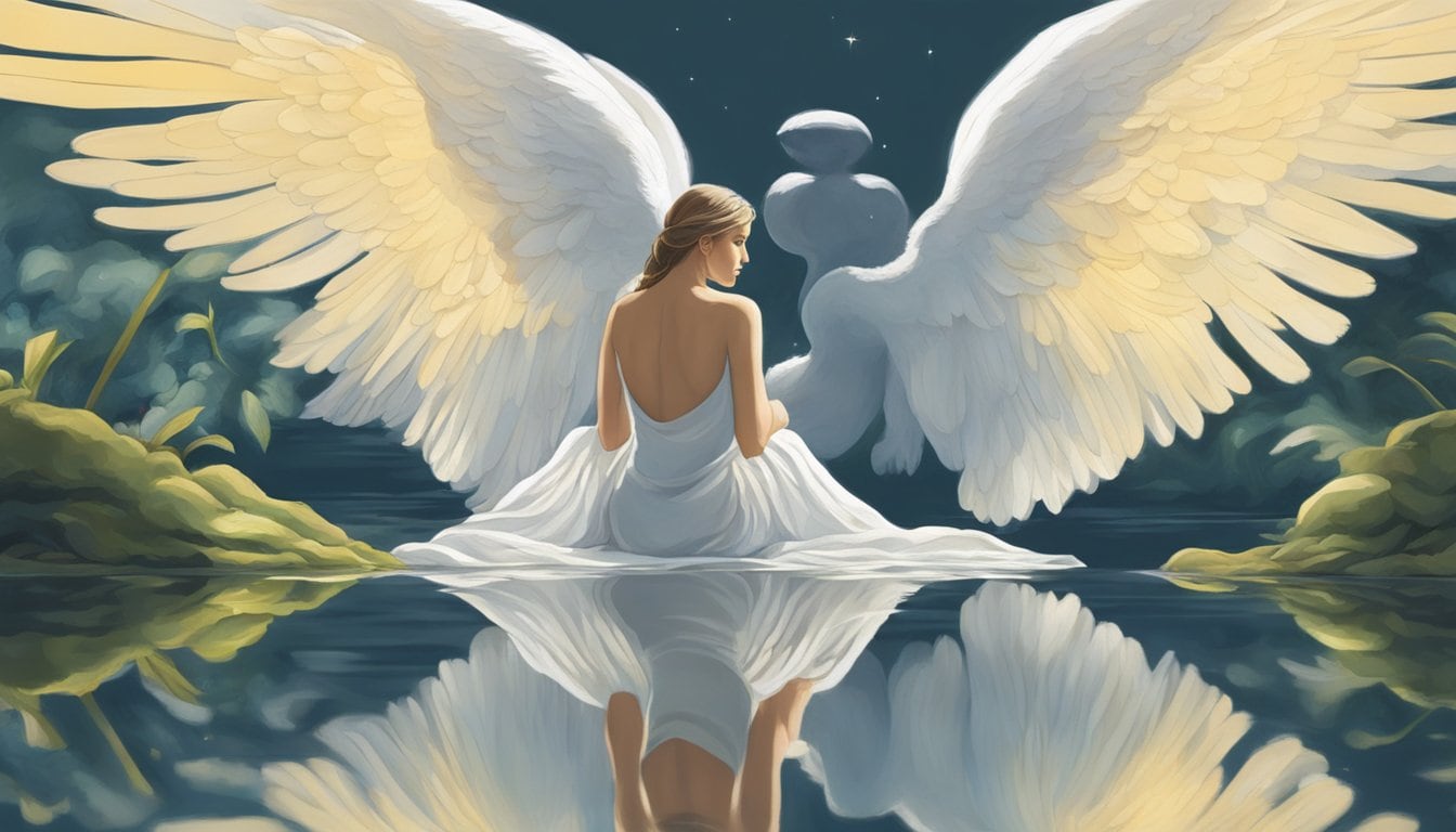 A serene angelic figure gazes into a reflective pool, contemplating and evaluating their own existence