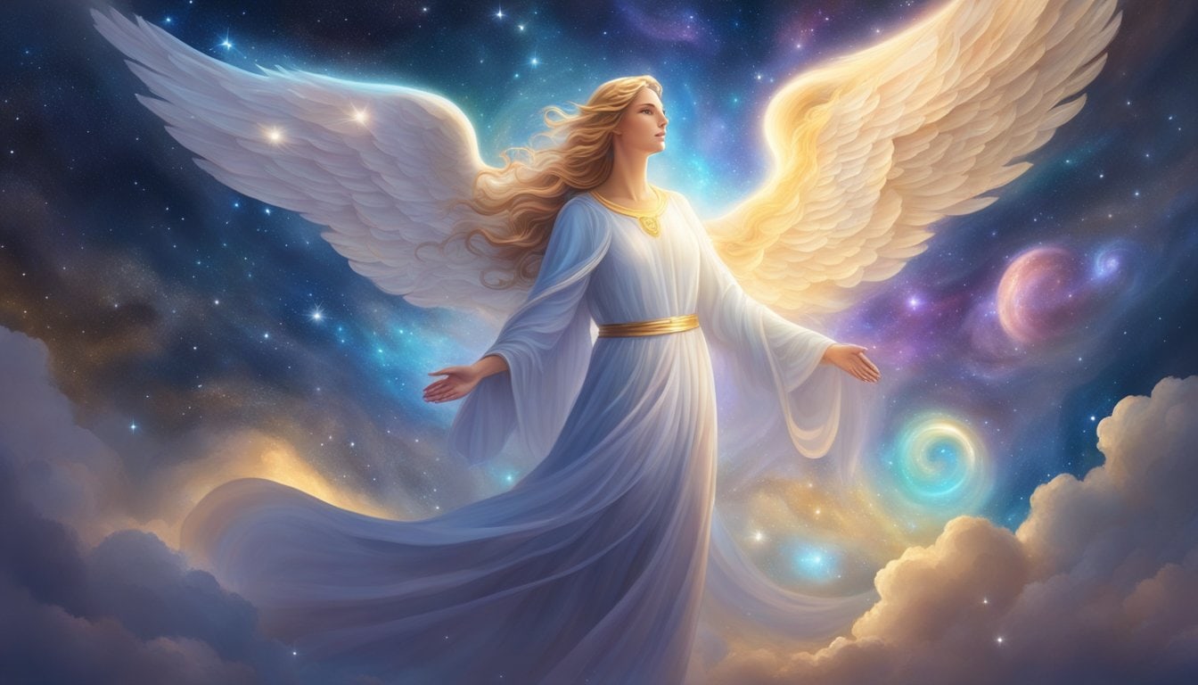 A glowing, celestial angelic figure surrounded by swirling galaxies and shining stars, emanating a sense of love and intuition from the universe