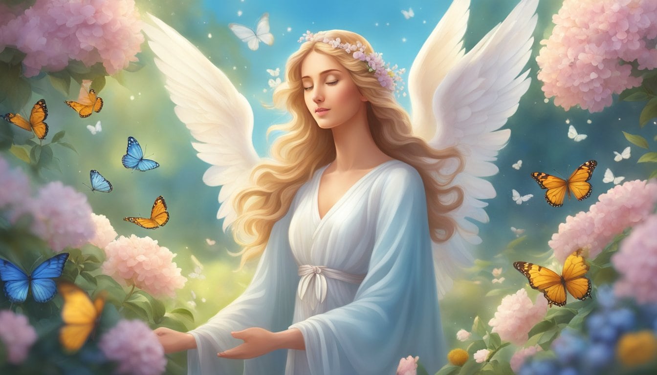 A serene angelic figure stands in a peaceful garden, surrounded by blooming flowers and gentle butterflies, radiating balance and harmony