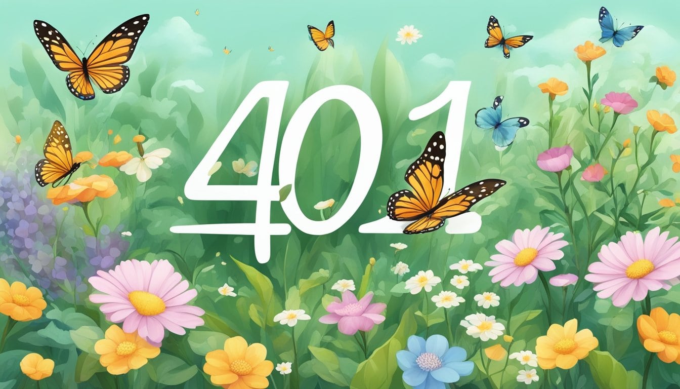 A serene garden with blooming flowers and butterflies fluttering around, with the numbers "4040" subtly integrated into the natural elements