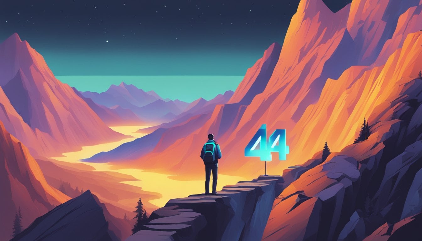 A figure stands at the edge of a mountain, facing a daunting path. They hold a phone with the number "4444" glowing brightly