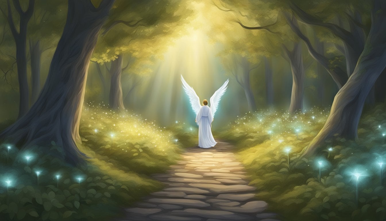 A serene path with glowing angels guiding and protecting