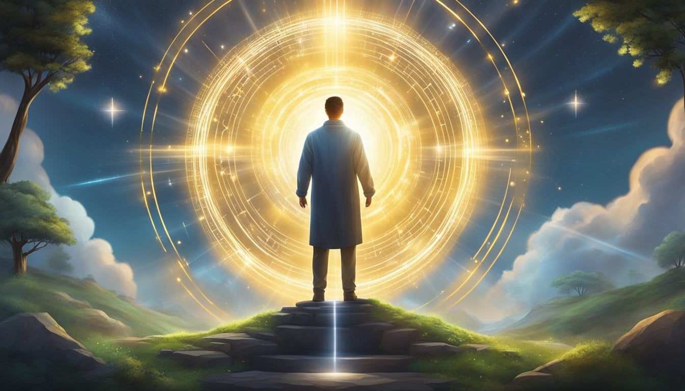 A figure stands before a glowing halo, surrounded by symbols of growth and improvement. Rays of light radiate outward, evoking a sense of enlightenment and progress