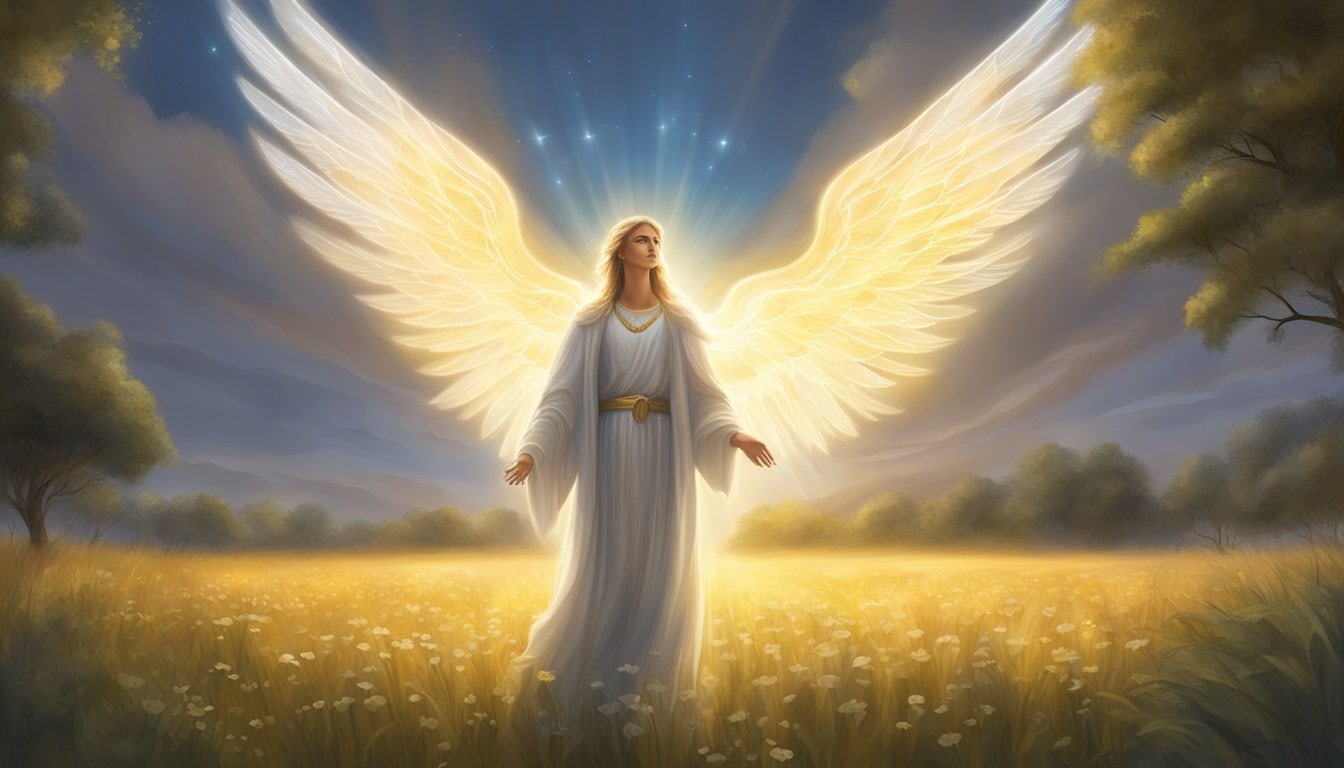 A glowing angelic figure stands in a field, surrounded by a halo of light. The number 4848 hovers above, radiating a sense of divine presence