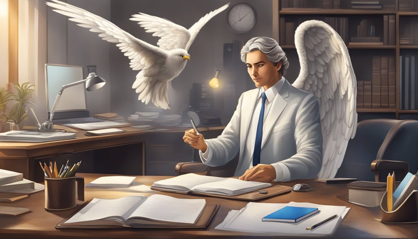 An angelic figure oversees a professional setting, with symbols of work and career, such as a briefcase or office desk