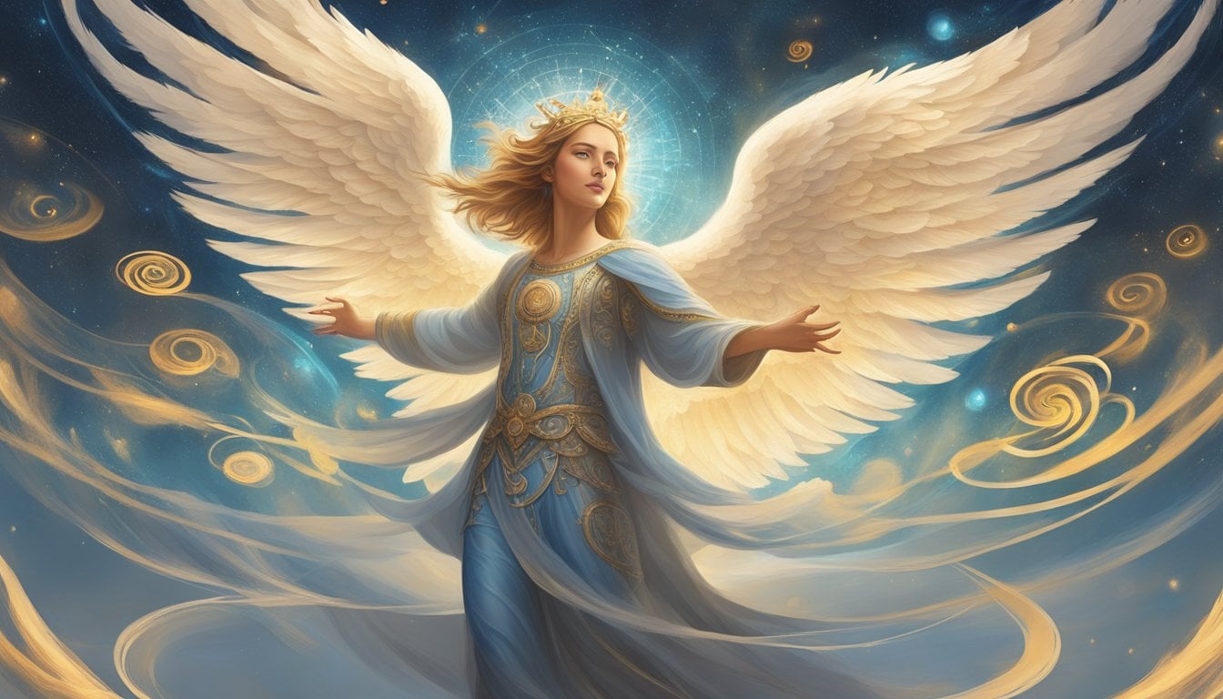 An angelic figure hovers above, surrounded by swirling numbers and symbols, radiating a sense of connection and guidance