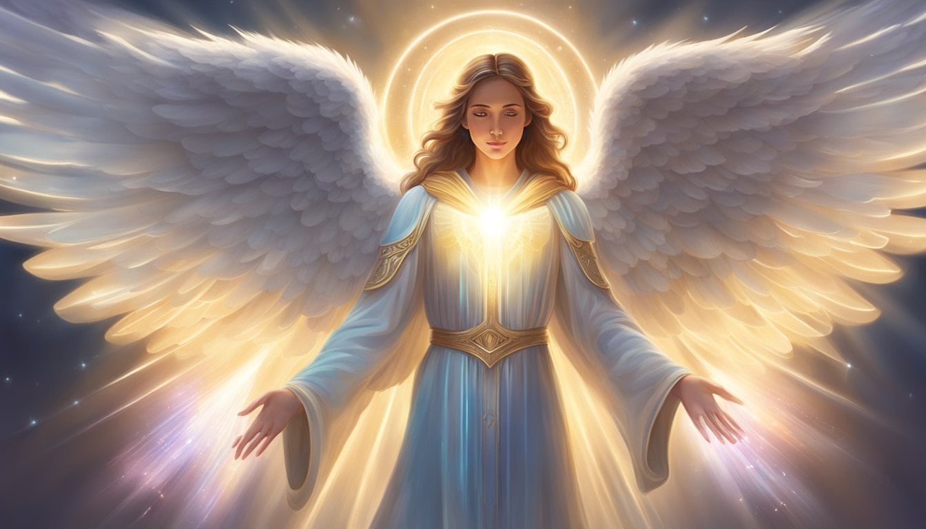 An angel with wings outstretched, surrounded by glowing light, holds a communication device while emanating a sense of intuition