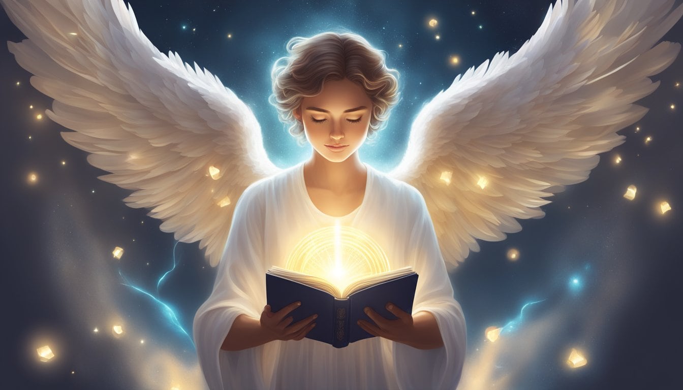 A glowing angelic figure surrounded by soft light, holding a book with the number 66 on the cover, emanating a sense of guidance and personal growth